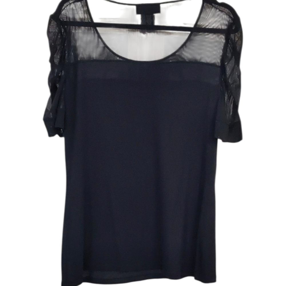 INC International Concepts Black Short Sleeve Blouse with Sheer Yoke Sz XL
